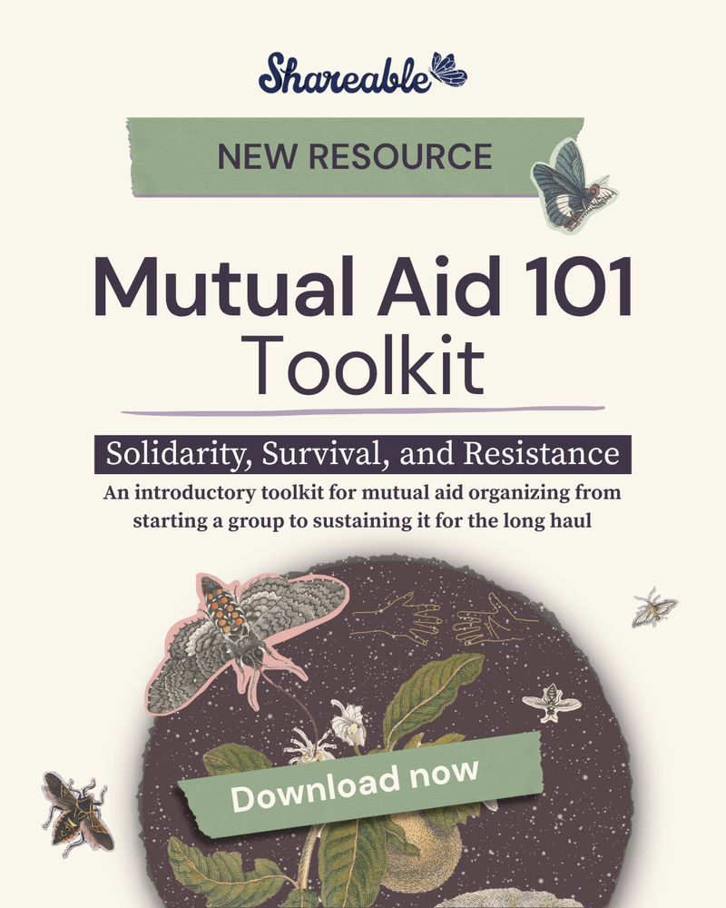 A beige background with text in front reading, "New Resource, Mutual Aid 101 Toolkit. Solidarity, Survival, and Resistance. An introductory toolkit for mutual aid organizing from starting a group to sustaining it for the long haul." Below are artistic renderings  in hues of green and purple of moths, butterflies, plants, and hands reaching for each other. 