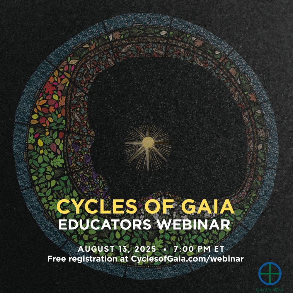 A circular tile art mosaic with floral and solar motifs against a dark background. Text in the foreground reads, "Cycles of Gaia, Educators Webinar, August 13 2025, 7:00 PM ET, Free registration at cyclesofgaia.com/webinar"