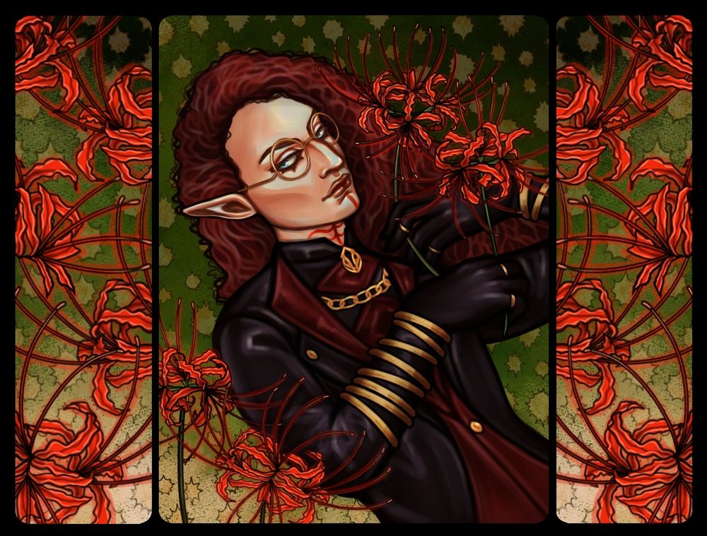 a stylized piece of an elven man with curly red hair and lots of spider lilies. 