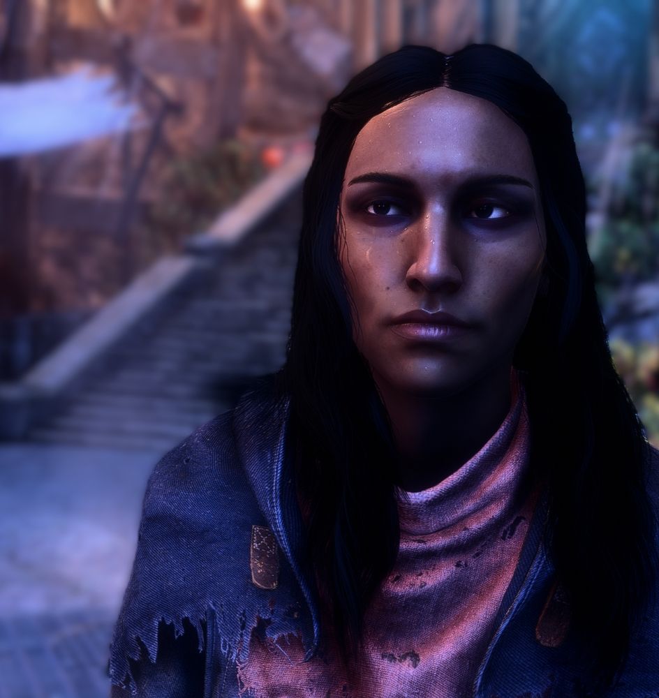 a Native human man with long black hair, dark copper skin, and black eyes staring wistfully into the void; city behind him.