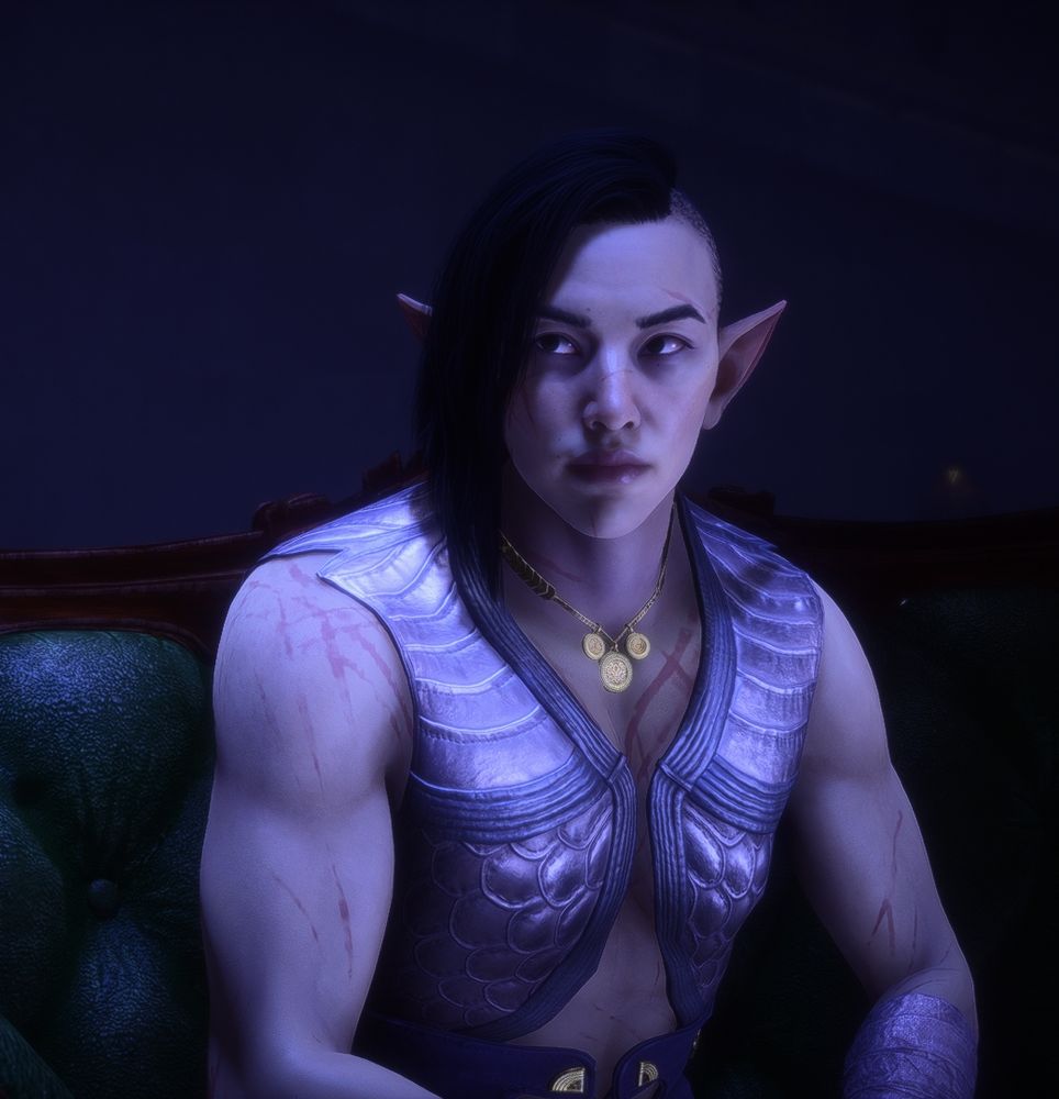 elven asian man looking at his companion. Showing off his big arms and scars. 