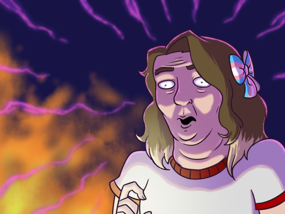 A caricature of a woman looking horrified bottom lit with lightning and fire inspired by a frame from the song "Halloween Song" by Ninja Sex Party