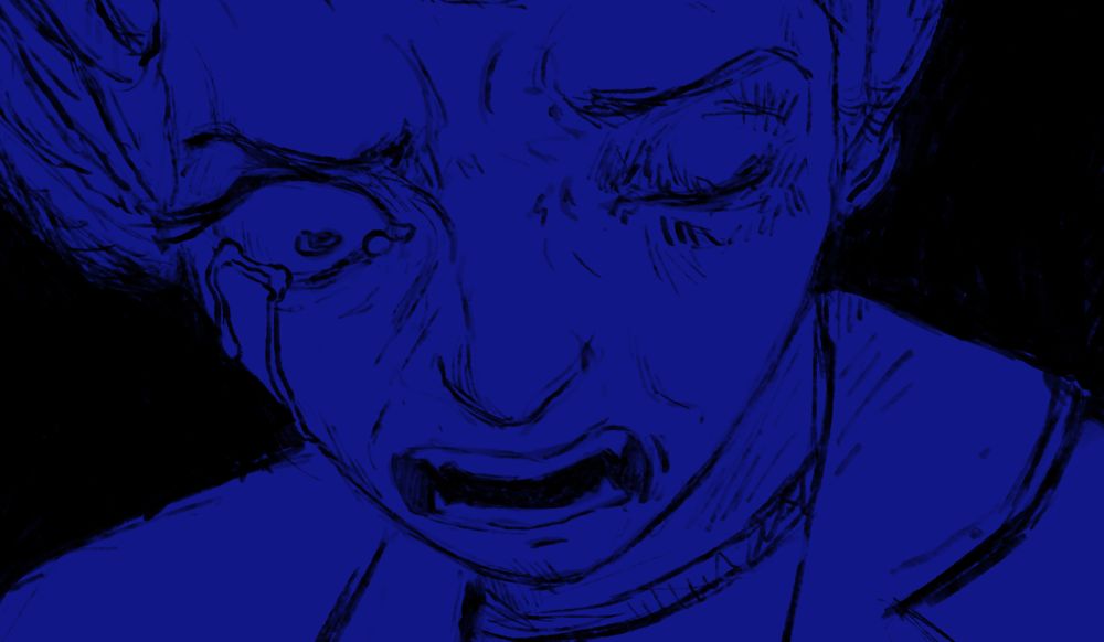 black and blue drawing of vriska serket, рисунок вриски серкет в черном и синем цветах