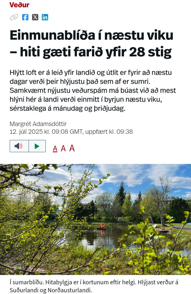 Skjáskot af RÚV.is. Fyrirsögnin er: Einminablíða í næstu viku - hiti gæti farið yfir 28 stig 