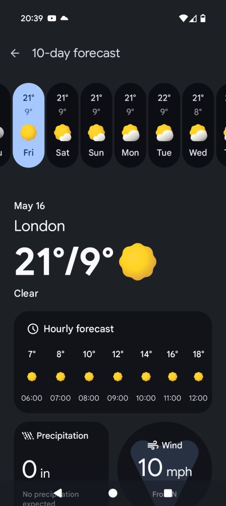 Skjáskot sem sýnir spánna í London fös-mið. 21° alla daga nema þri, þá eru 22°