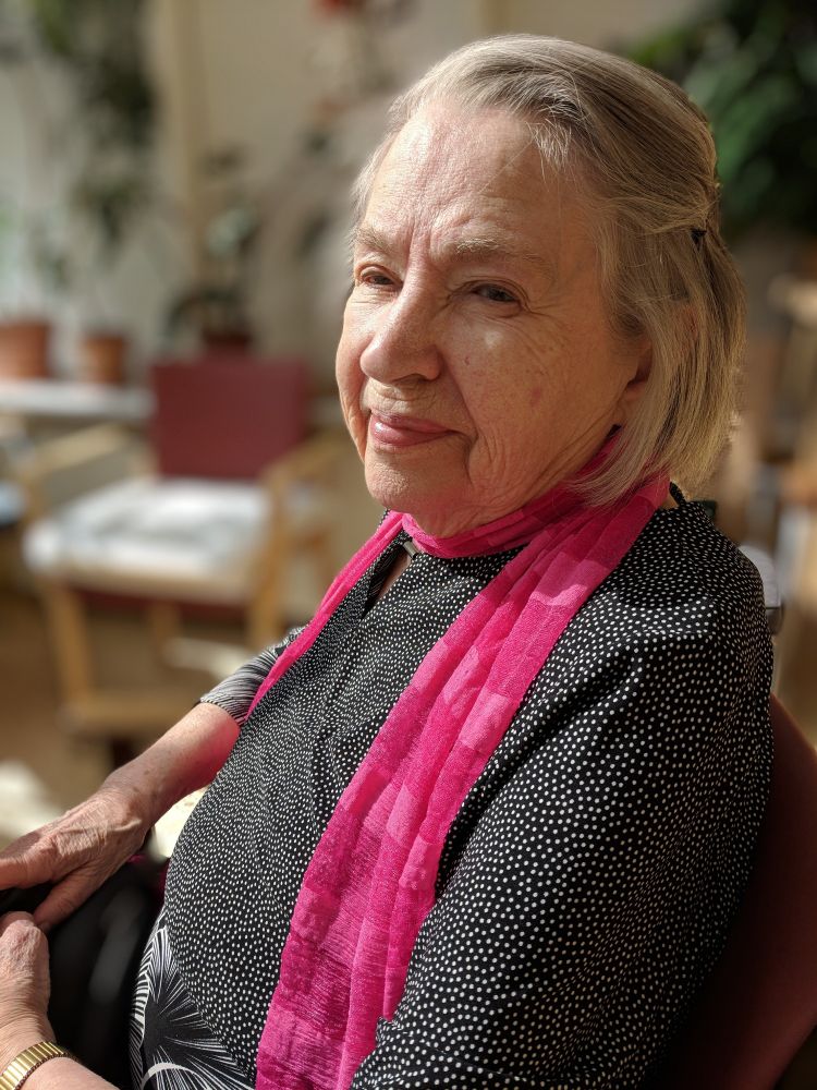 Halla amma mín og nafna í sólskálanum á Grund árið 2018. Hún dó ári seinna þá orðin 94 ára. 