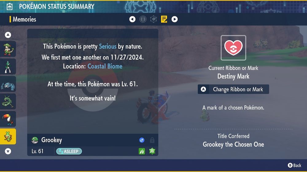 Summary of the shiny Grookey with the destiny mark