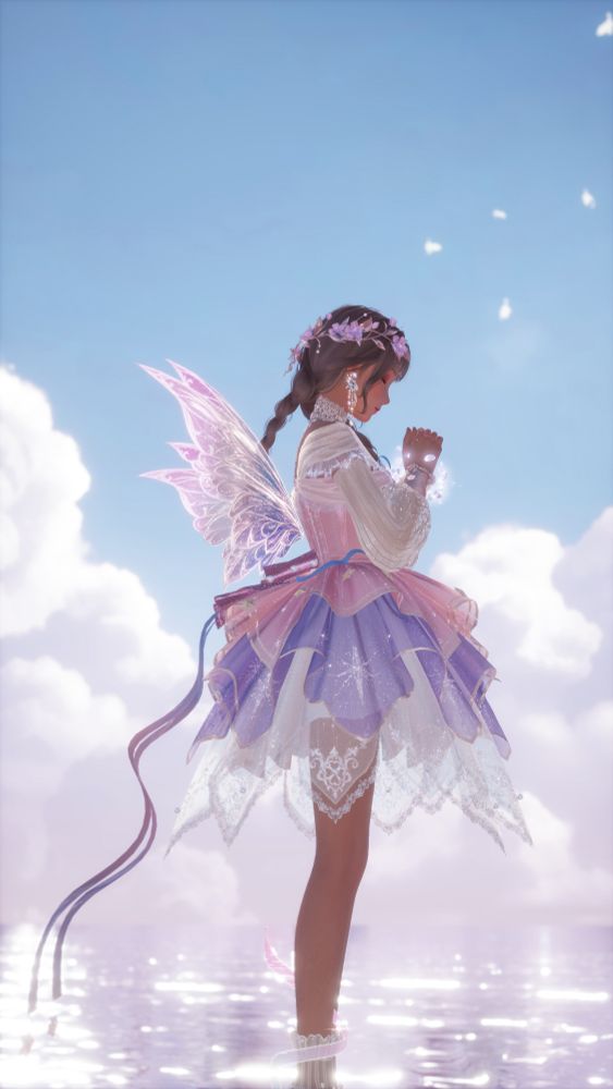 Nikki standing in a fairy pink outfit, with pink fluffy clouds behind her and white birds flying in the distance. Her hands are clasped in prayer, almost as if she’s making a wish
