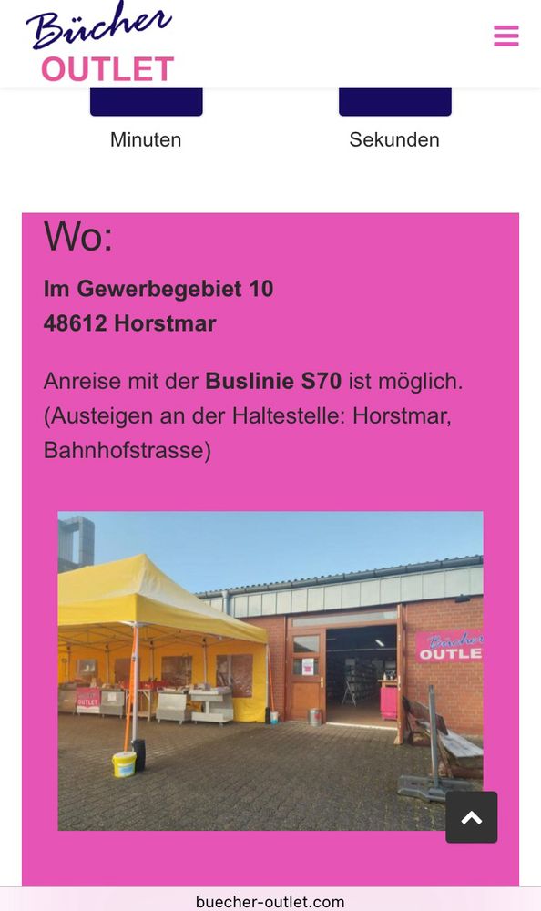 Wegbeschreibung zum Bücher Outlet in Horstmar. 
Adresse: Im Gewerbegebiet 10, 48612 Horstmar
Anreise mit der Buslinie S70 ist möglich. Aussteigen an der Haltestelle Horstmar Bahnhofstraße.