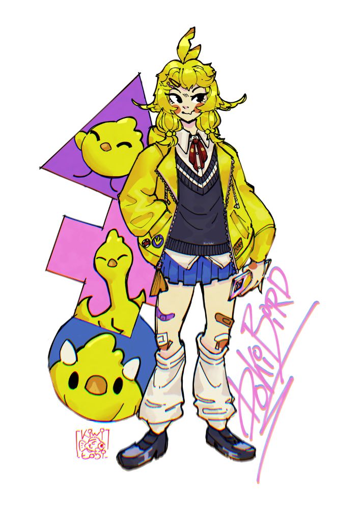 Here you have an illustration of the vtuber DokiBird. She is supposed to be a half bird and half human. In this illustration specifically you can see her school outfit wich is very bright and yellow. On her left are the 3 types of "Dragoons" wich are mascots representing her fanbase.