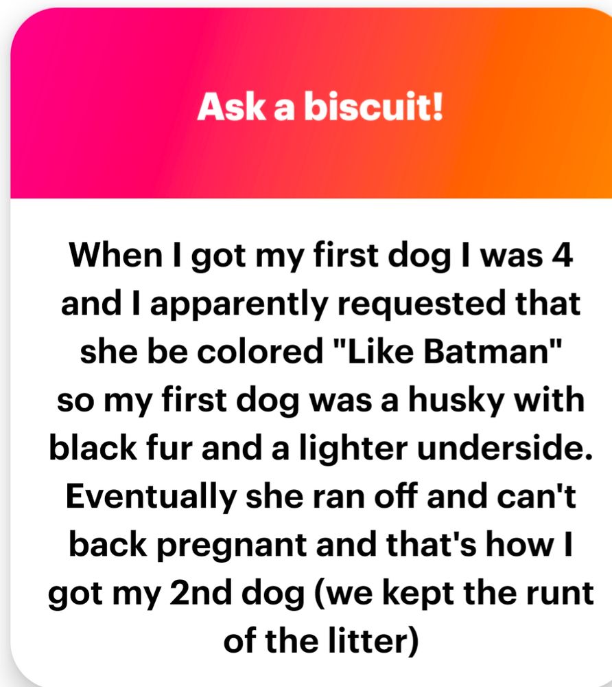 When I got my first dog I was 4 and I apparently requested that she be colored "Like Batman" so my first dog was a husky with black fur and a lighter underside. Eventually she ran off and can't back pregnant and that's how I got my 2nd dog (we kept the runt of the litter)
