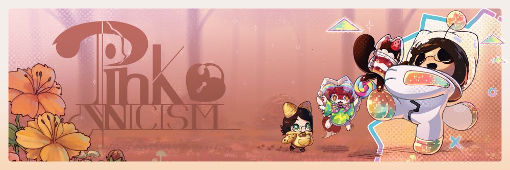 Digital art. A banner of a an autumn forest with a large "PinkCynicism" signature floating in the middle of the forest and to the left of the picture. On the right an empty eyed doll with long black hair and glasses, the largest of the bunch, spins around wearing a Yummy☆Snatchy costume from yugioh. In their hands a black cat with glowing features stretchest her paws towards the Snatchy while wearing a Cupsy☆Yummy costume. Chasing after the two the rest of the archetype follows. Jumping in the air all excited a red fox with angel wings wears a Lollipo☆Yummy with giant lollipop and everything. Not too far behind a tiny girl with green eyes and glasses chases on foot while wearing the cooksie☆Yummy costume.