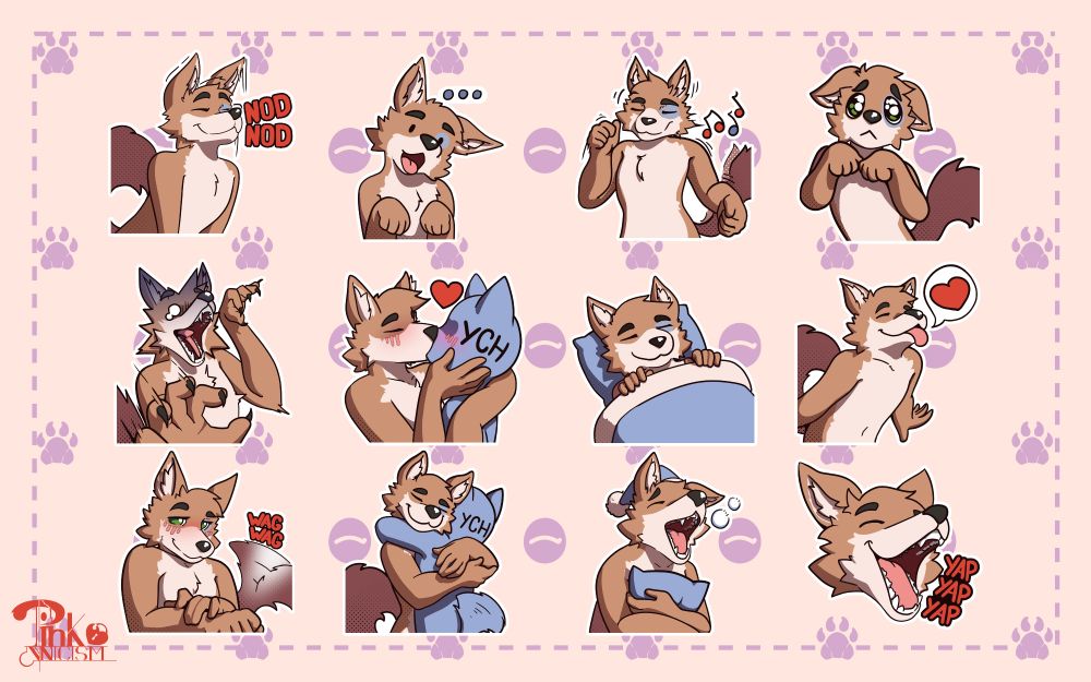 A sheet of stickers featuring a light brown and white dog fursona with a blue ring around their left eye. The stickers are: nodding, dumbfounded, dancing, puppy eyes, scared, smooching a blank character, snug under a blankie, tongue out with a heart, giving you bedroom eyes, hugging a blank character, sleepy and holding a pillow, yap yapping.