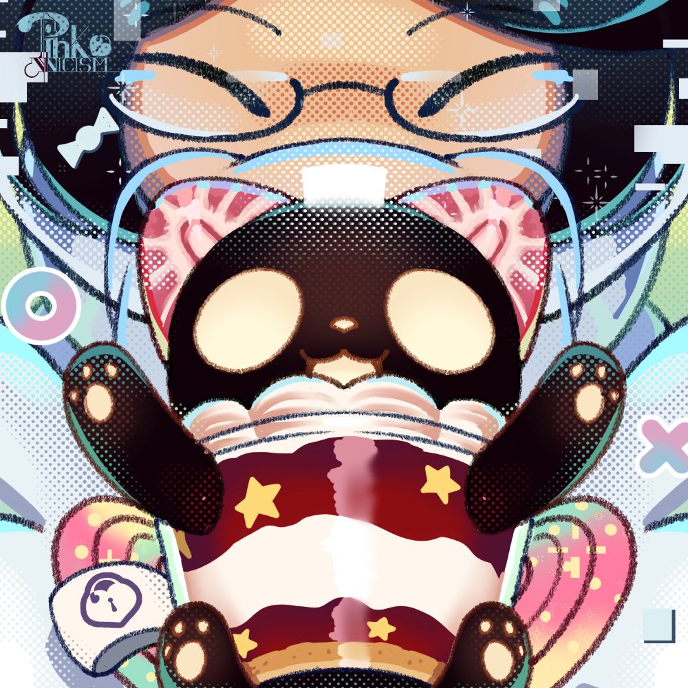 A black cat with glowing features and beans wearing a cupsy yummy costume from yugioh. Being held up with all paws outstretched and a big smile on their face by a doll with glasses and long, dark hair. The doll wears a Yummy Snatchy costume in turn.