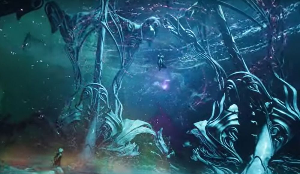 sephirothff7rebirth descending thru a structure on the water altar city of ancients that resembles a skeletal pelvis