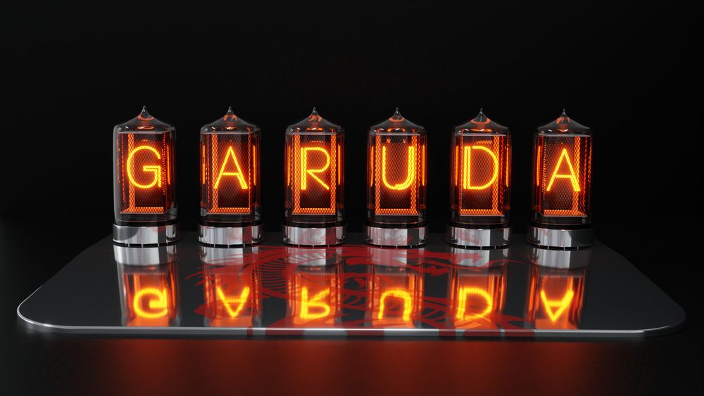 Wallpaper. Old radio glass tubes whose filaments bear the name GARUDA. Served on a silver tray engraved with a stylized dragon's head.
