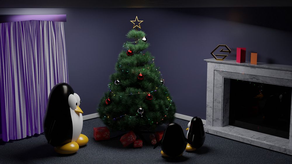 Linux-Tux family in front of the Christmas tree, waiting for the presents.
They are lying around the tree, hidden under the branches.