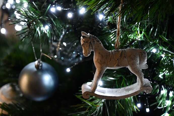 Festive Christmas tree decorated with silver balls and a small rocking horse carved out of wood.
***
Festlicher Weihnachtsbaum geschmückt mit silbernen Kugeln und einem kleinem aus Holz geschnitztem Schaukelpferd.