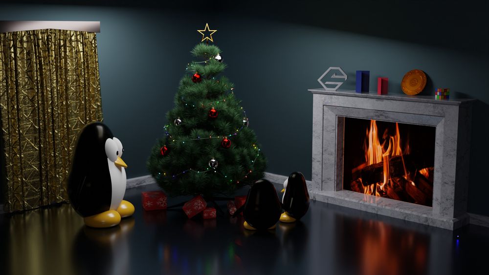 Tux penguins around a Christmas tree.