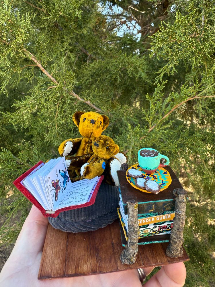 Two tiny, velvet bears sitting on a corduroy pillow reading a red leather book with butterflies on the open pages. They’re sitting next to an end table made from sticks that’s packed with a stack of tiny books. All of this fits inside my hand  