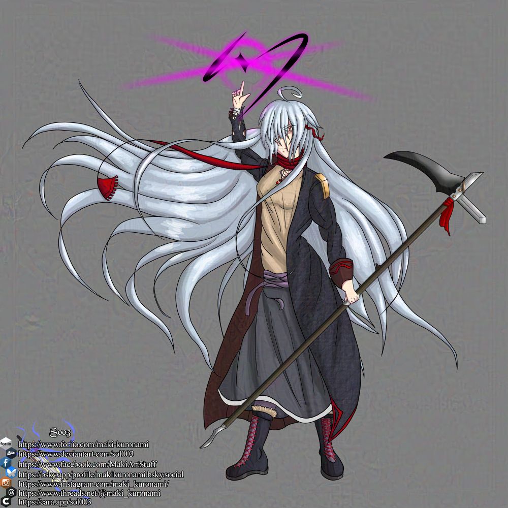 An OC long white-haired girl with most of her hair covering the right side of her face, a torn ribbon tied to the left side of her hair, her red eye is visible from between her bangs, while the right side of her face appears to have scars. She's brandishing a scythe in her left hand while her right hand has a dark magical spell above it. She wears a dark gray coat with red trimmings with the right sleeve heavily damaged over a white tunic with a gold brooch with a red gemstone. She wears a red scarf and purple sash. She has a light gray skirt with gold lining and dark gray boots with red laces.