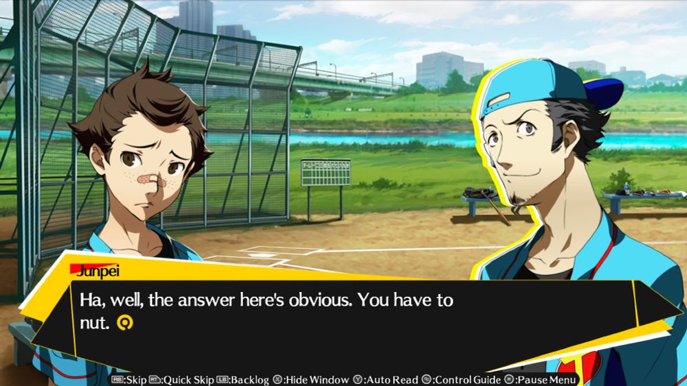 Edited screenshot from the Persona 4 Arena Ultimax Persona 3 Story Campaign. Junpei is saying "Ha, well, the answer here's obvious. You have to nut."