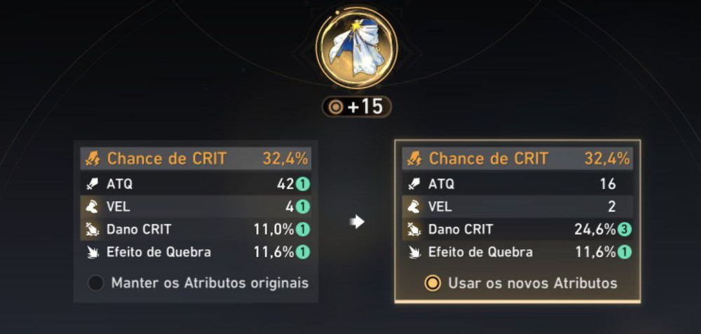 Relic do jogo Honkai Star Rail, ao utilizar o item de reroll upou 3x em Crit DMG e 1x em Break Effect, anteriormente tinha upado 1x para todos os substats.