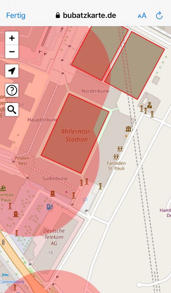 Ausschnitt der bubatzkarte.de in dem gebiete markiert sind in denen nicht gekifft werden darf. Ausschnitt des millerntor Stadions nur auf der Gegengerade und teilen der nordtribüne ist es nach der Karte nicht verboten.
