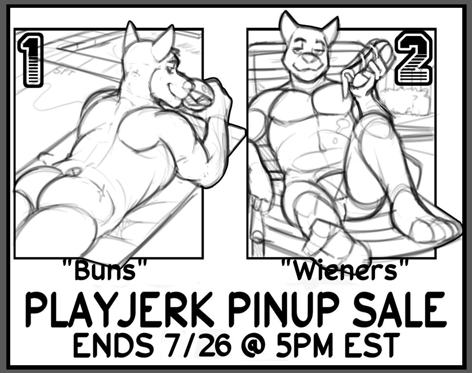 YCH pinup advert featuring two blank tho canid-shaped anthro figures reclining poolside with either a burger or a hot dog