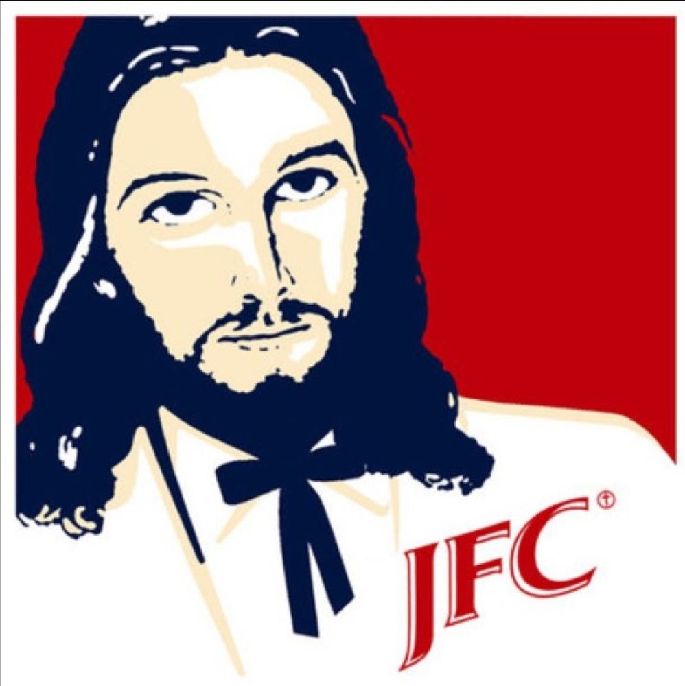 A meme of the KFC logo but the Coronel is Jesus and it says JFC instead of KFC