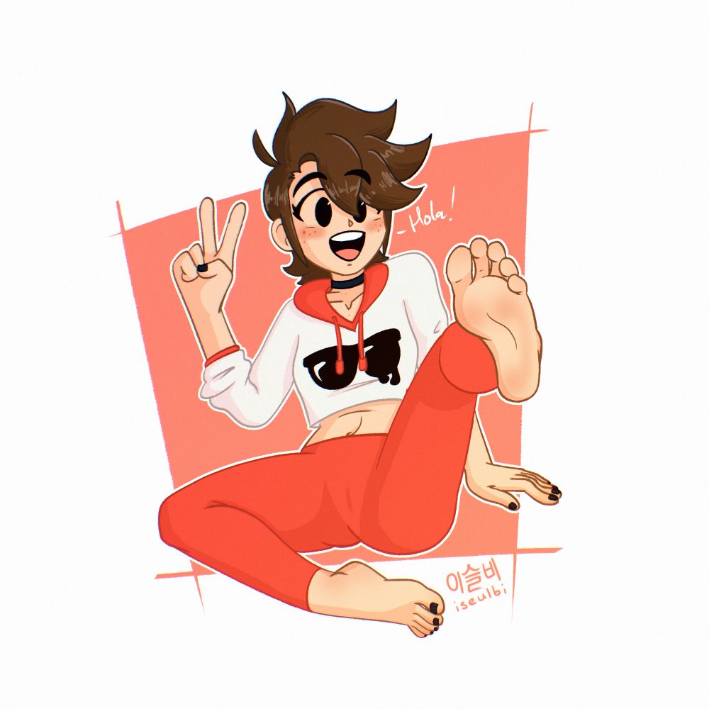 OrangeBurbuja's self-insert Coral Reef, sitting with her left leg lifted up in the air displaying the sole of her foot, her other leg resting on the ground bent towards her showing the top of her foot. With her right hand, she is making the V sign. She is wearing a white crop top hoodie, and coral orange leggings. Her nails are painted with a black nail polish. She is looking at the viewer, greeting them with a friendly "Hola!".