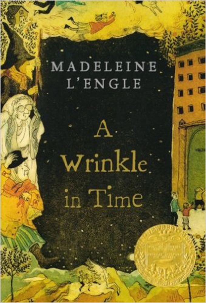 The image is the cover of the book A Wrinkle in Time by Madeleine L’Engle. The design features a dark, starry background with whimsical illustrations surrounding it. There are various characters depicted, including a figure riding a winged creature at the bottom, and other mystical, elderly characters along the sides. The title and author’s name are written in a stylized, golden font. Additionally, there is a gold Newbery Medal on the bottom right corner, indicating the book’s award-winning status.
