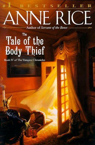 Cover of the book The Tale of the Body Thief by Anne Rice. The title is in large white Gothic-style text, with a subtitle below reading "Book IV of The Vampire Chronicles." Above the title, "Anne Rice" is written in large gold letters, with a note that she is the author of Servant of the Bones. The background illustration depicts a dimly lit, opulent room with golden drapery glowing from soft light behind it. A cat with glowing eyes sits on the floor in the foreground, and a candle burns beside a skull on a table, enhancing the eerie, gothic atmosphere.