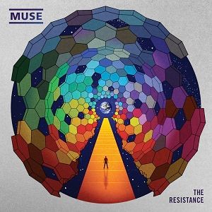 Album cover for The Resistance by Muse. The artwork features a solitary figure standing on a glowing orange pathway that leads toward a distant image of Earth. Surrounding the path is a geodesic dome made up of colorful hexagons transitioning through a rainbow gradient, with darker, starry hexagons near the top. The band's name "MUSE" appears in the top left corner in bold blue text with a horizontal line above and below it. The album title "THE RESISTANCE" is in the bottom right corner in smaller black text. The background is a light gray texture.