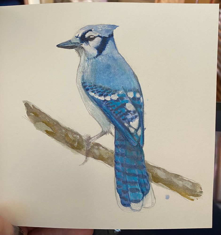 A watercolor painting of a blue bird