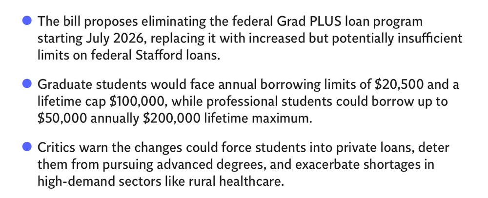 The bill proposes eliminating the federal Grad PLUS loan program starting July 2026, replacing it with increased but potentially insufficient limits on federal Stafford loans. Graduate students would face annual borrowing limits of $20,500 and a lifetime cap $100,000, while professional students could borrow up to $50,000 annually $200,000 lifetime maximum. Critics warn the changes could force students into private loans, deter them from pursuing advanced degrees, and exacerbate shortages in high-demand sectors like rural healthcare.