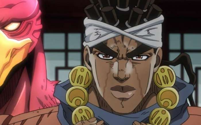 Muhammed Avdol from JJBA pouting with magicians red behind him 