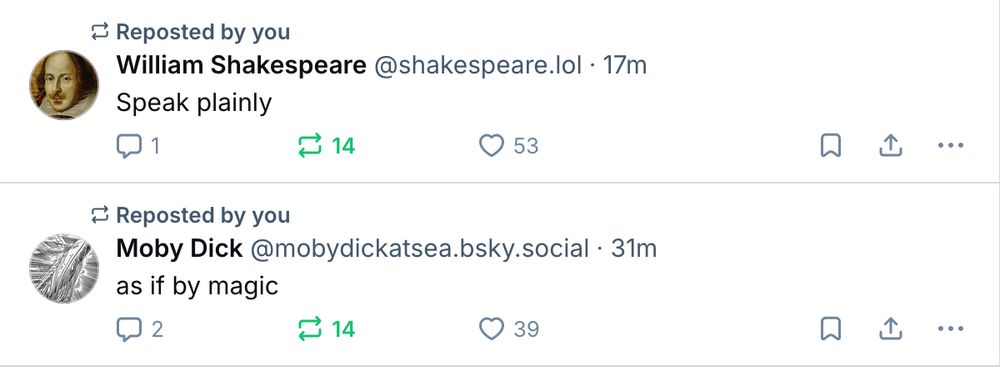 Quotebot tweets from William Shakespeare and Moby Dick saying 'Speak plainly' and 'as if by magic' respectively.