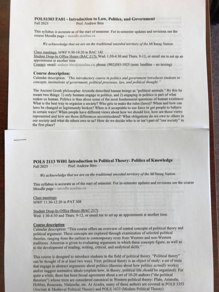 Syllabi for “Introduction to Law, Politics and Government” and “Introduction to Political Theory”