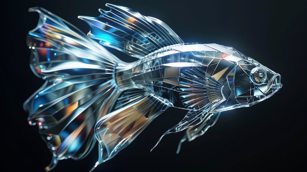 A landscape orientation 3-D sculpture of a Beta Fish. It fills the entire frame, facing to the right, against a black background.  The fish has a shiny glass/metallic material, reflecting white, blue, and golden light. The body is faceted. The fins are faceted but more refined. 

