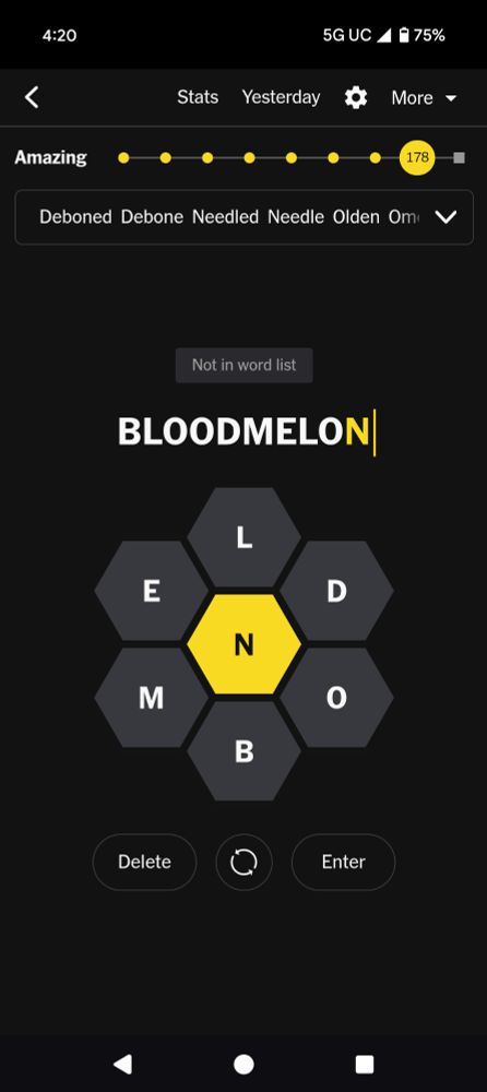 A new york times panagram attempting to spell the word "bloodmelon" and getting a not in word list response. 