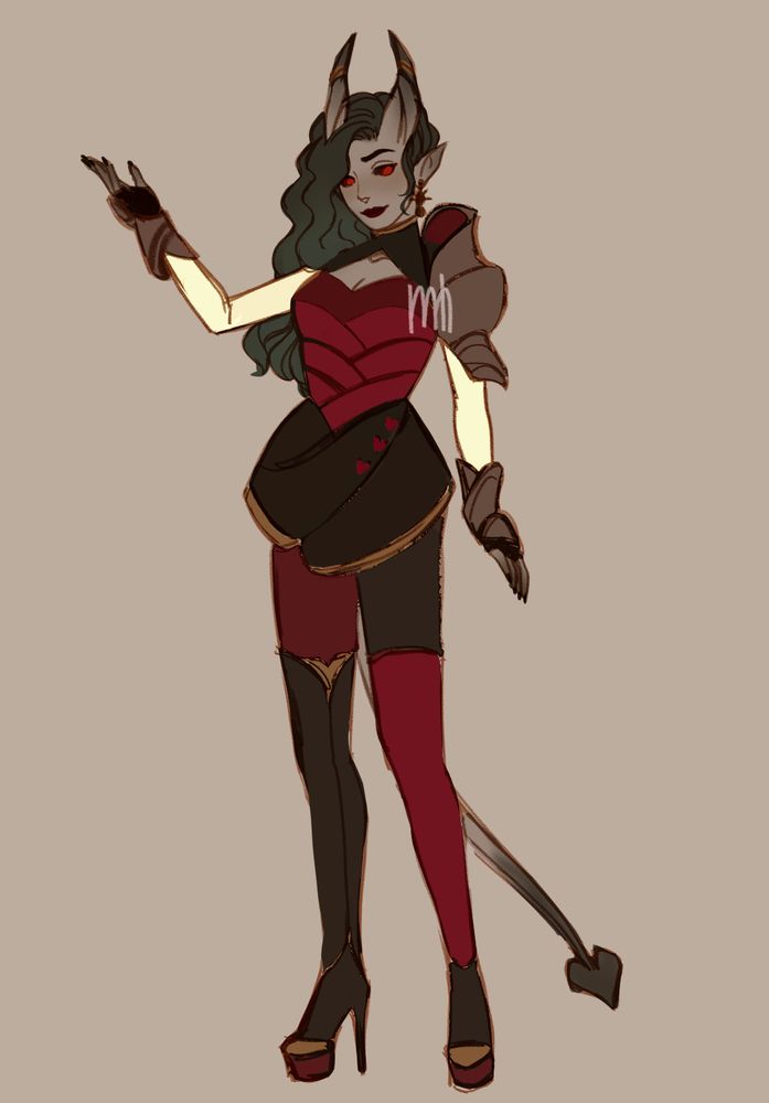 Dungeons and Dragons character design, Kate Nightbrekker. A very tall tiefling woman with grey skin, black hair, and six-inch heels. She wears red and black alternating color blocks on her clothing, gold accents and heart-shaped motifs throughout.