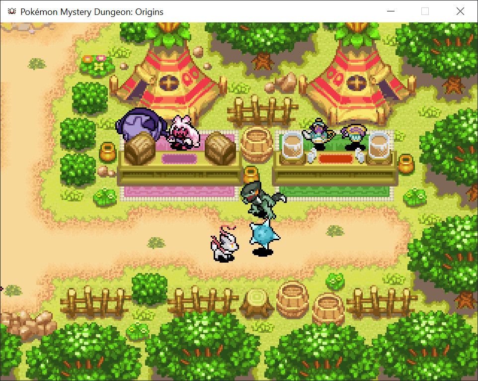 A screenshot of the hub in a Pokemon Mystery Dungeon mod, with minior, zorua, tinkaton, cyclizar, and the Sinistea line.