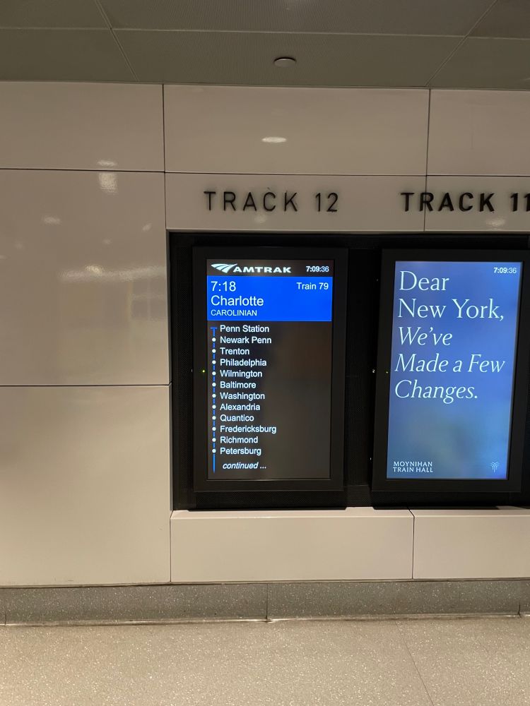 Amtrak Carolinian 79 track board at Penn Station