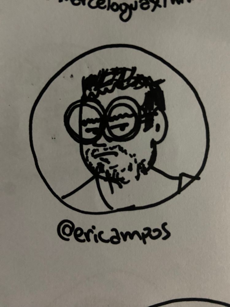 desenho feito a mão com caneta preta em folha branca do rosto da foto de perfil da @ marcada dentro de um círculo 