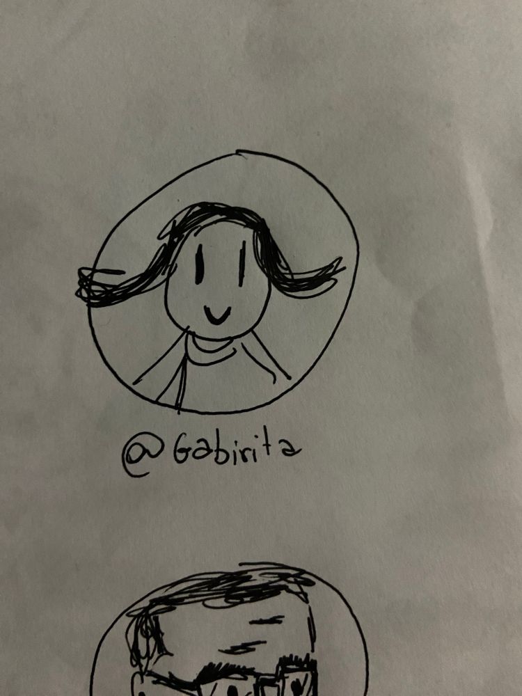 desenho feito a mão com caneta preta em folha branca do rosto da foto de perfil da @ marcada dentro de um círculo 