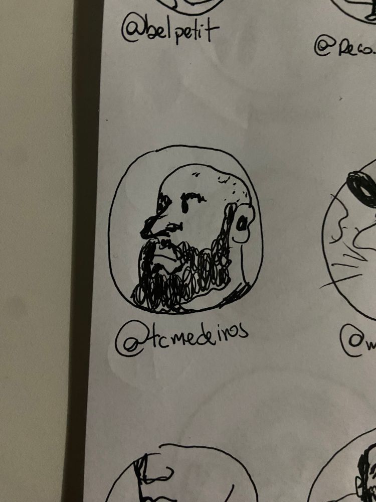 desenho feito a mão com caneta preta em folha branca do rosto da foto de perfil da @ marcada dentro de um círculo 