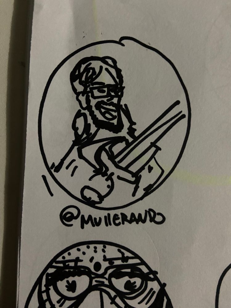 desenho feito a mão com caneta preta em folha branca do rosto da foto de perfil da @ marcada dentro de um círculo 