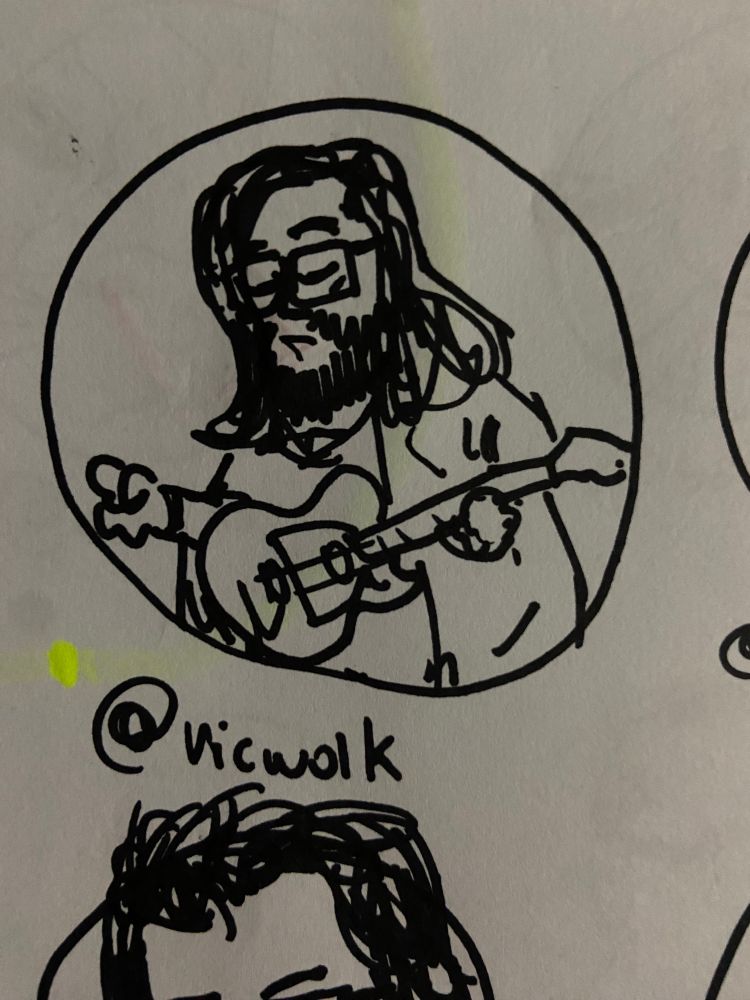 desenho feito a mão com caneta preta em folha branca do rosto da foto de perfil da @ marcada dentro de um círculo 