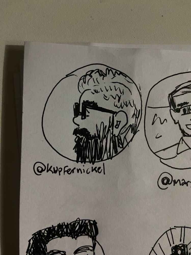 desenho feito a mão com caneta preta em folha branca do rosto da foto de perfil da @ marcada dentro de um círculo 